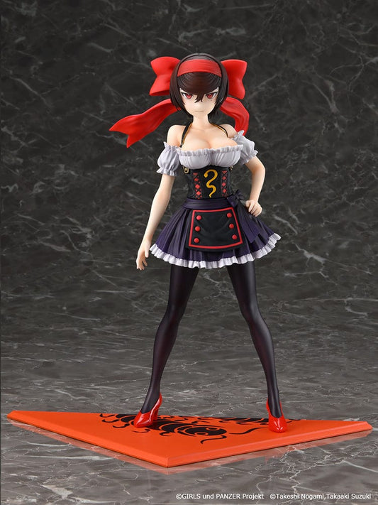 Girls und Panzer Shizuka Tsuruki figure in a dirndl outfit standing confidently on a red and black base with a large ribbon in her hair

