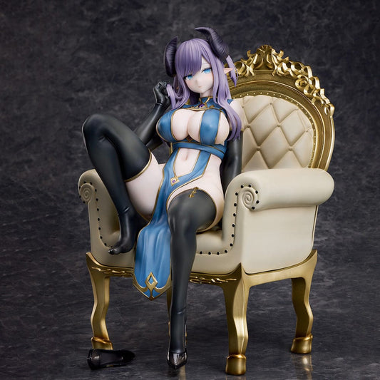 Oekakizuki Illustration Vio 1/6 Scale Figure seated on an ornate throne, wearing a blue and black outfit with black horns and lavender hair.