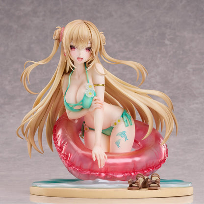 Miwabe Sakura Illustration Summer Memory 1/6 Scale Figure featuring a blonde girl in a turquoise bikini, leaning on a translucent pink float with long flowing hair and a water-effect base.