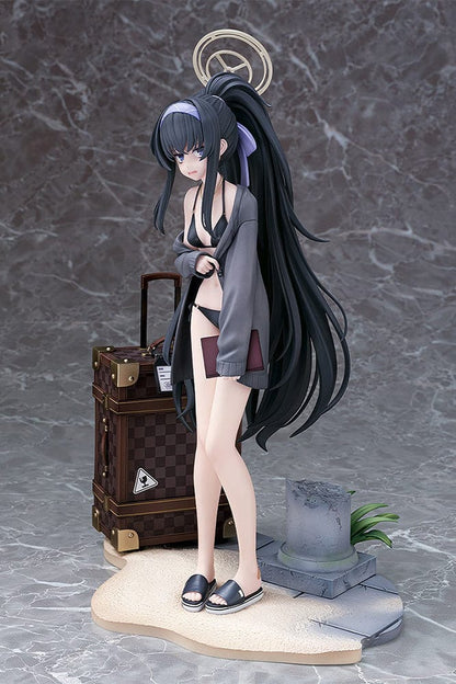 Blue Archive Ui (Swimsuit) 1/7 Scale Figure featuring Ui in a black swimsuit with an oversized jacket, long black hair, and detailed beach base with suitcase and stone pillar.