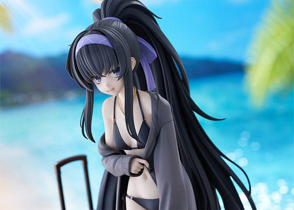 Blue Archive Ui (Swimsuit) 1/7 Scale Figure featuring Ui in a black swimsuit with an oversized jacket, long black hair, and detailed beach base with suitcase and stone pillar.