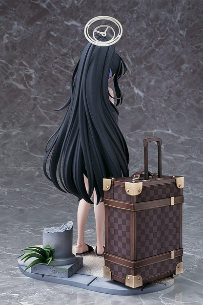 Blue Archive Ui (Swimsuit) 1/7 Scale Figure featuring Ui in a black swimsuit with an oversized jacket, long black hair, and detailed beach base with suitcase and stone pillar.