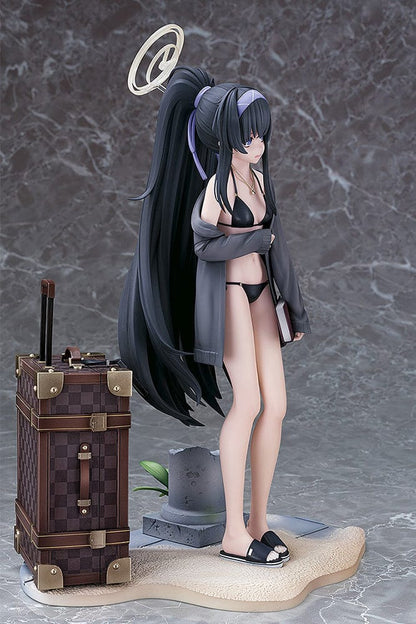 Blue Archive Ui (Swimsuit) 1/7 Scale Figure featuring Ui in a black swimsuit with an oversized jacket, long black hair, and detailed beach base with suitcase and stone pillar.