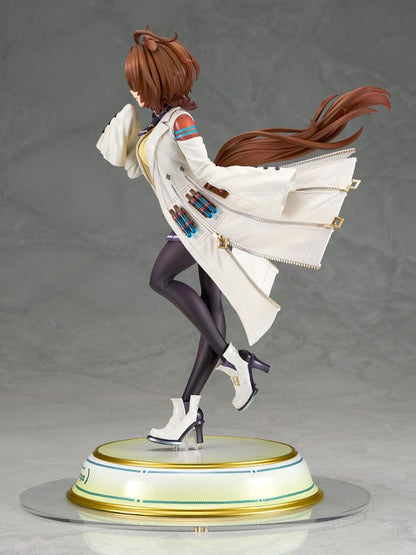 Uma Musume Pretty Derby Agnes Tachyon 1/7 Scale Figure with white lab coat and yellow sweater, standing on a gold-edged base.