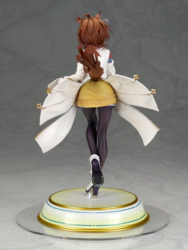 Uma Musume Pretty Derby Agnes Tachyon 1/7 Scale Figure with white lab coat and yellow sweater, standing on a gold-edged base.