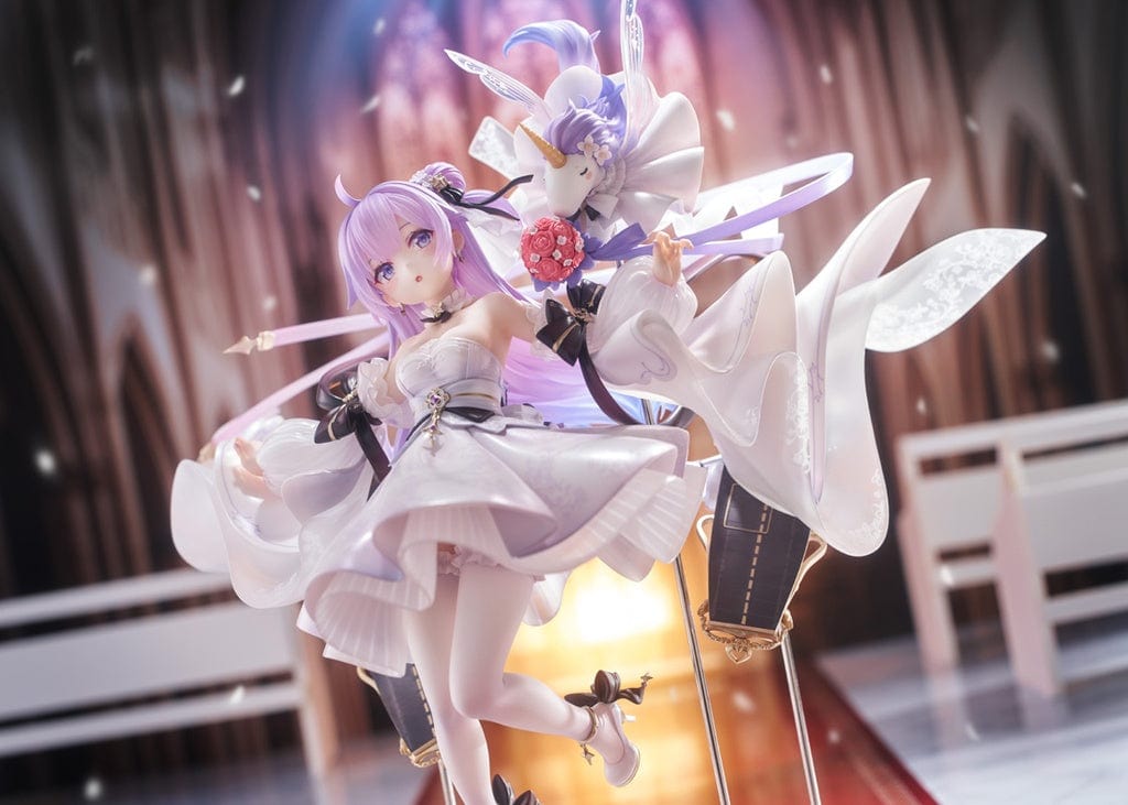 Azur Lane Unicorn (A Dream of Pure Vows) 1/7 Scale Figure in a flowing white gown with delicate lace patterns, soft purple hair, and dynamic ribbons, standing on an elegant base.