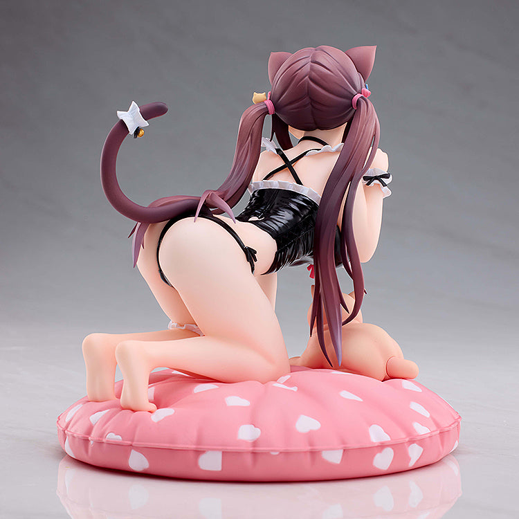 Ayamy Illustration V Ayamy (Cat Ver.) 1/7 Scale Figure featuring Ayamy in a cat-themed outfit, kneeling on a heart-patterned pink cushion with a cute cat.