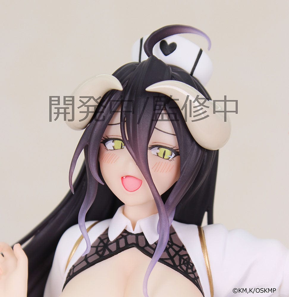 Overlord Vivit Albedo Nurse Ver. figure, featuring Albedo in a dynamic pose wearing a provocative nurse outfit, with her signature long purple hair and a syringe in hand.