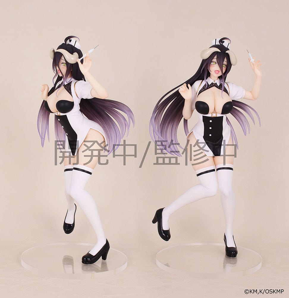 Overlord Vivit Albedo Nurse Ver. figure, featuring Albedo in a dynamic pose wearing a provocative nurse outfit, with her signature long purple hair and a syringe in hand.