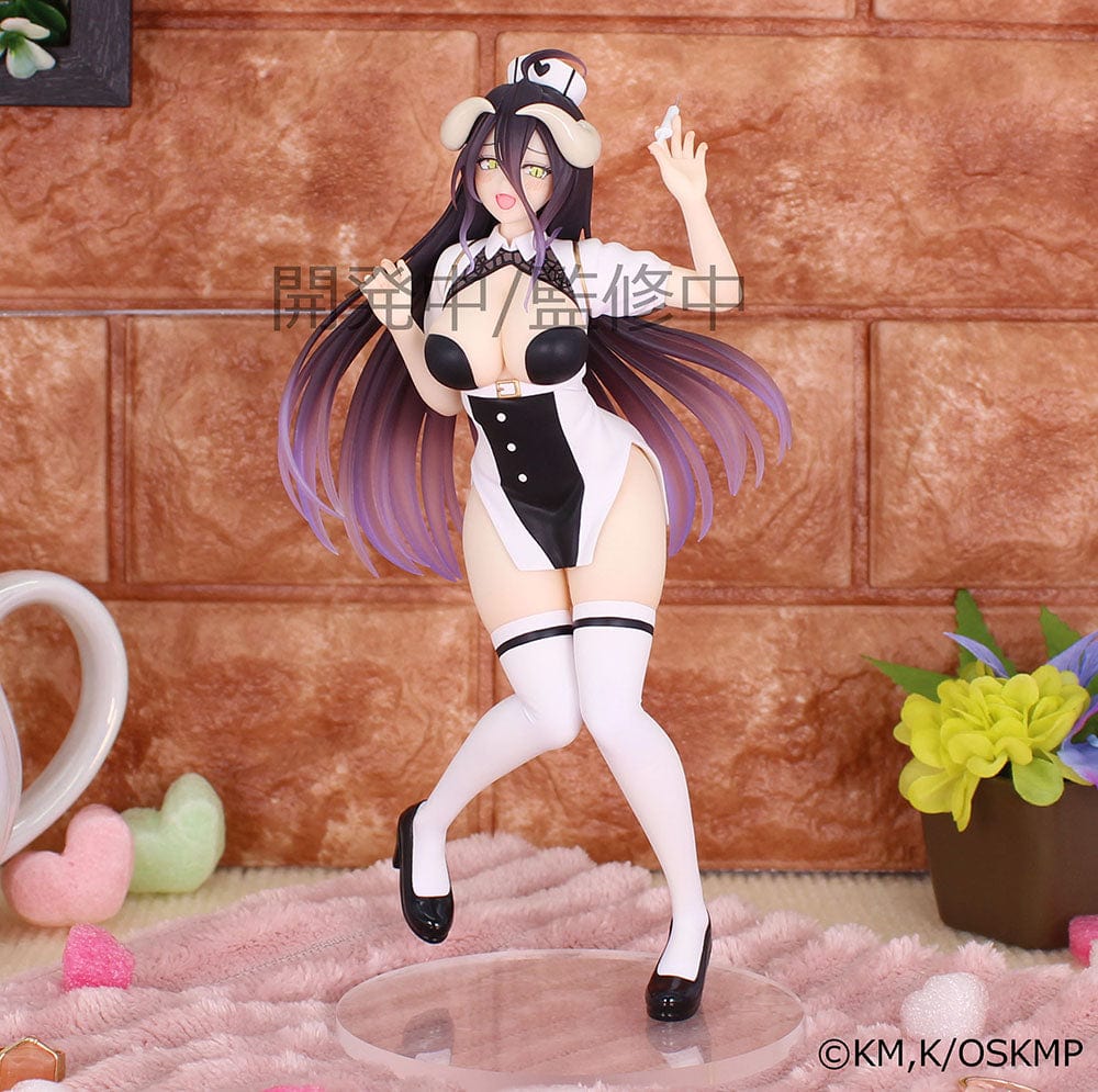 Overlord Vivit Albedo Nurse Ver. figure, featuring Albedo in a dynamic pose wearing a provocative nurse outfit, with her signature long purple hair and a syringe in hand.