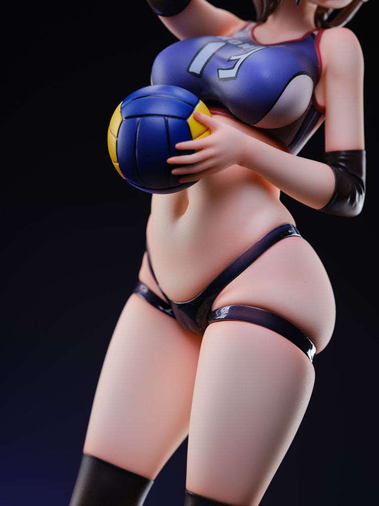 Volleyball Club Honoka Hise 1/6 Scale Figure featuring a dynamic pose, detailed volleyball uniform, and accessories, set against a gradient blue background.