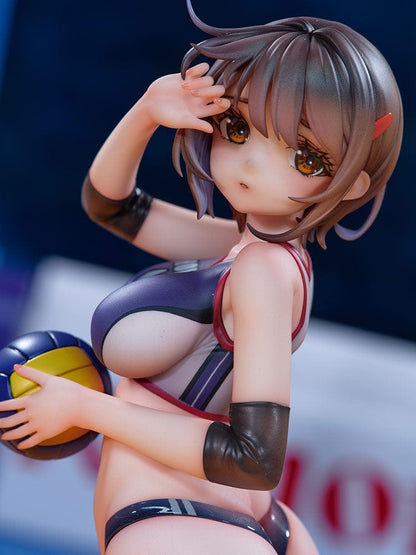 Volleyball Club Honoka Hise 1/6 Scale Figure featuring a dynamic pose, detailed volleyball uniform, and accessories, set against a gradient blue background.