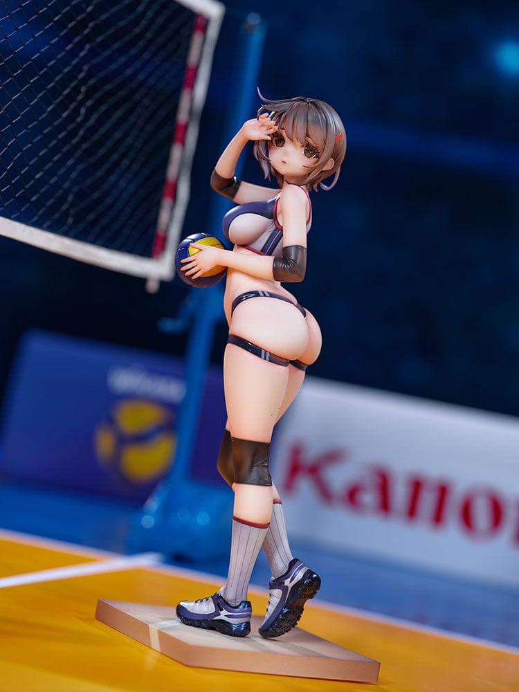 Volleyball Club Honoka Hise 1/6 Scale Figure featuring a dynamic pose, detailed volleyball uniform, and accessories, set against a gradient blue background.