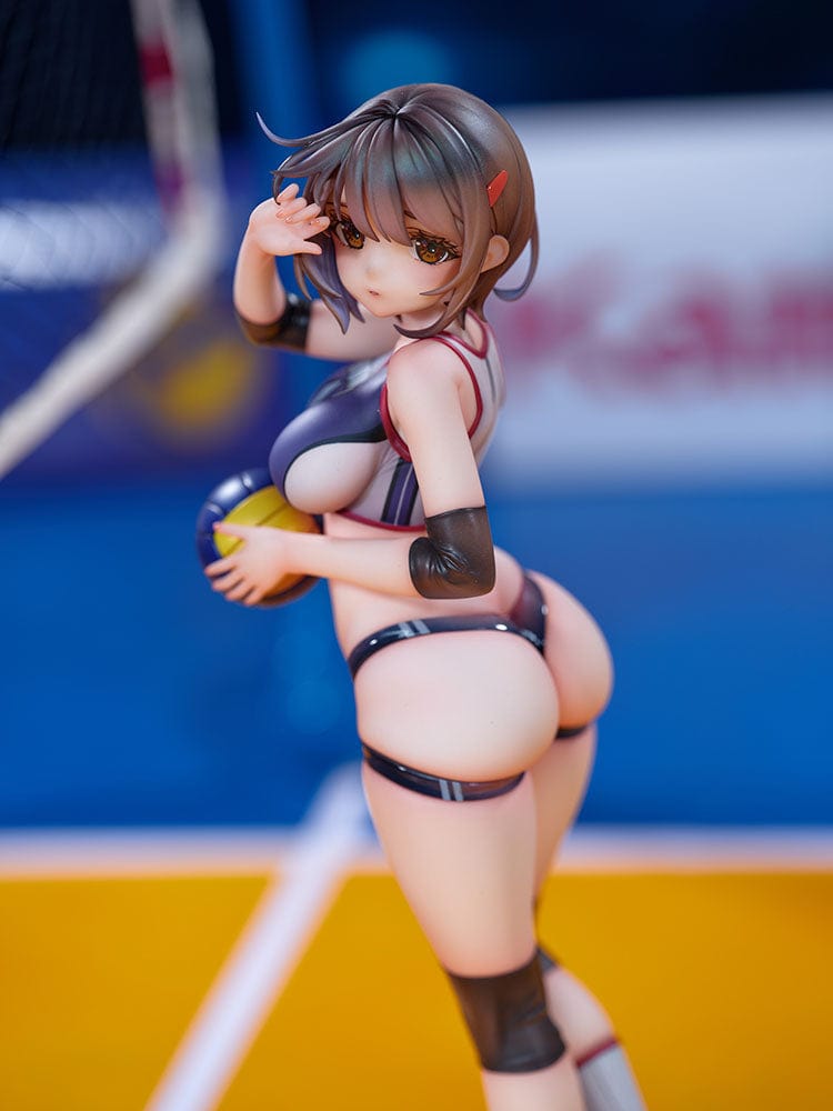 Volleyball Club Honoka Hise 1/6 Scale Figure featuring a dynamic pose, detailed volleyball uniform, and accessories, set against a gradient blue background.