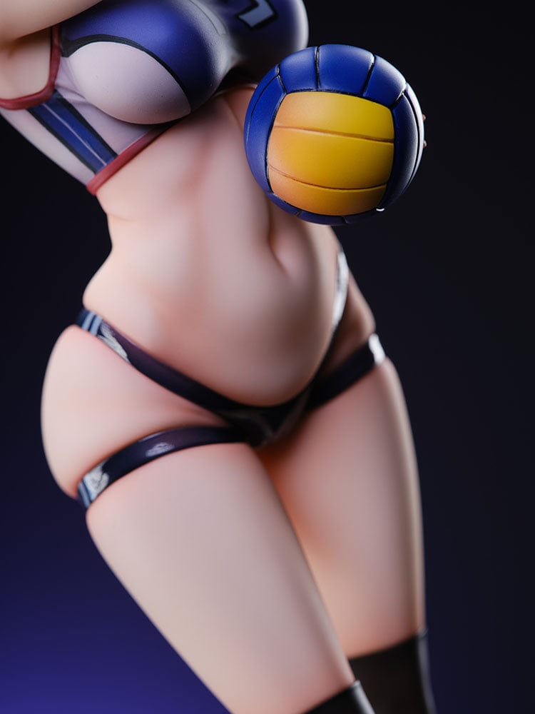 Volleyball Club Honoka Hise 1/6 Scale Figure featuring a dynamic pose, detailed volleyball uniform, and accessories, set against a gradient blue background.