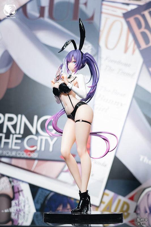 1/4 scale figure of Yuna from Biya Illustration, dressed in a bunny girl costume with long purple hair and black bunny ears, holding a playing card, in a seductive pose on a plain round base.