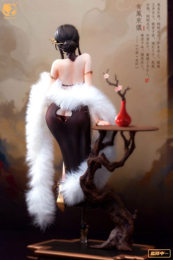 You Feng Lai Yi 1/6 Scale Figure featuring an elegant character in a black cheongsam with gold embroidery, sheer stockings, and a fur stole, posed gracefully on a display base with a bonsai tree and a red vase.