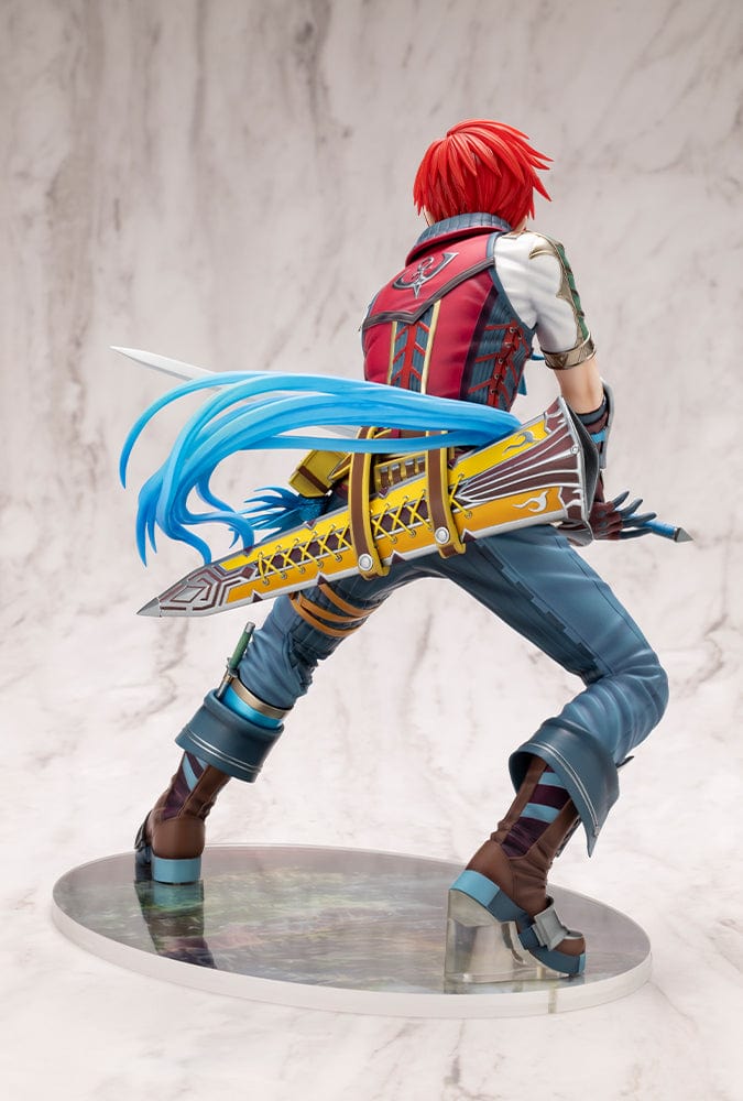 Ys VIII: Lacrimosa of Dana Adol Christin 1/7 Scale Figure in dynamic pose with detailed armor, red hair, and flowing blue scarf, showcasing exceptional craftsmanship.