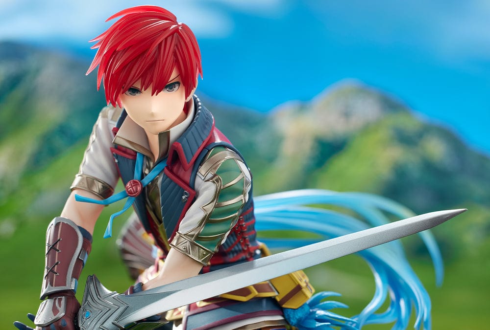 Ys VIII: Lacrimosa of Dana Adol Christin 1/7 Scale Figure in dynamic pose with detailed armor, red hair, and flowing blue scarf, showcasing exceptional craftsmanship.