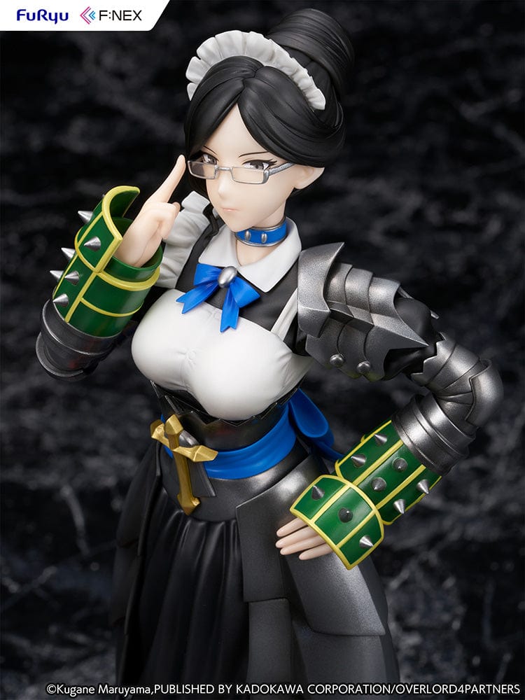 Overlord Yuri Alpha 1/7 Scale Figure in maid attire with armored gauntlets, black flowing skirt, and signature glasses in a composed pose.