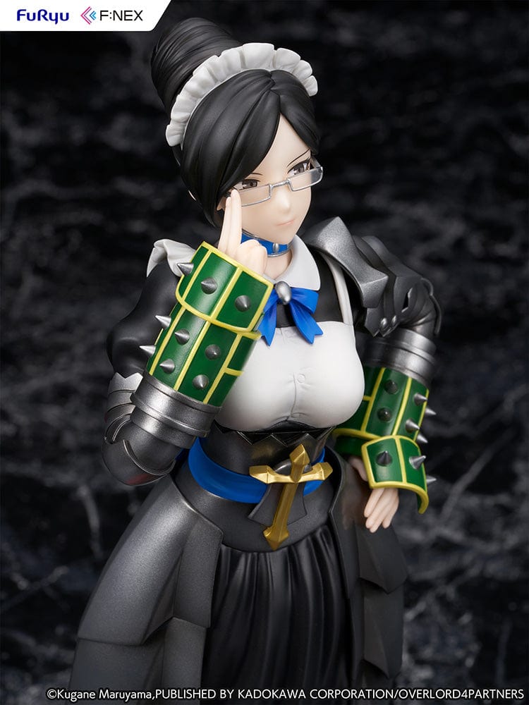 Overlord Yuri Alpha 1/7 Scale Figure in maid attire with armored gauntlets, black flowing skirt, and signature glasses in a composed pose.