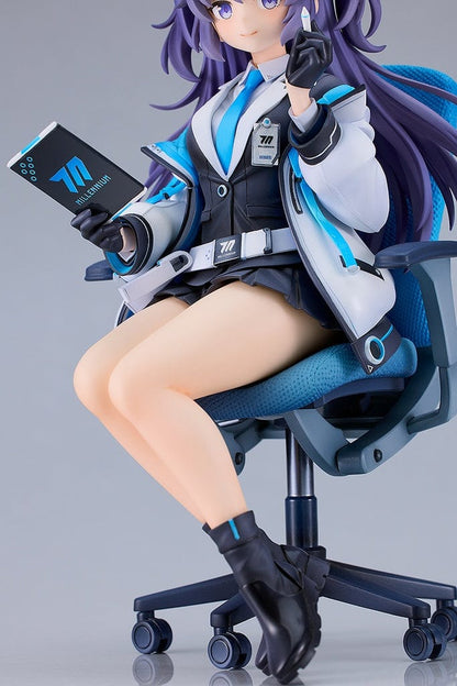 A figure of Yuuka Hayase from 'Blue Archive' in the 'Daily Life of a Treasurer Ver.,' seated in a swivel chair with a tablet in hand and a gentle smile, dressed in a school uniform with a halo above her head.