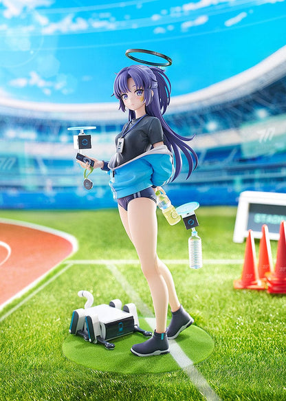 Blue Archive Yuuka Hayase (Track Ver.) 1/7 Scale Figure in navy-blue track outfit with accessories, standing on a grass base with robotic companion.