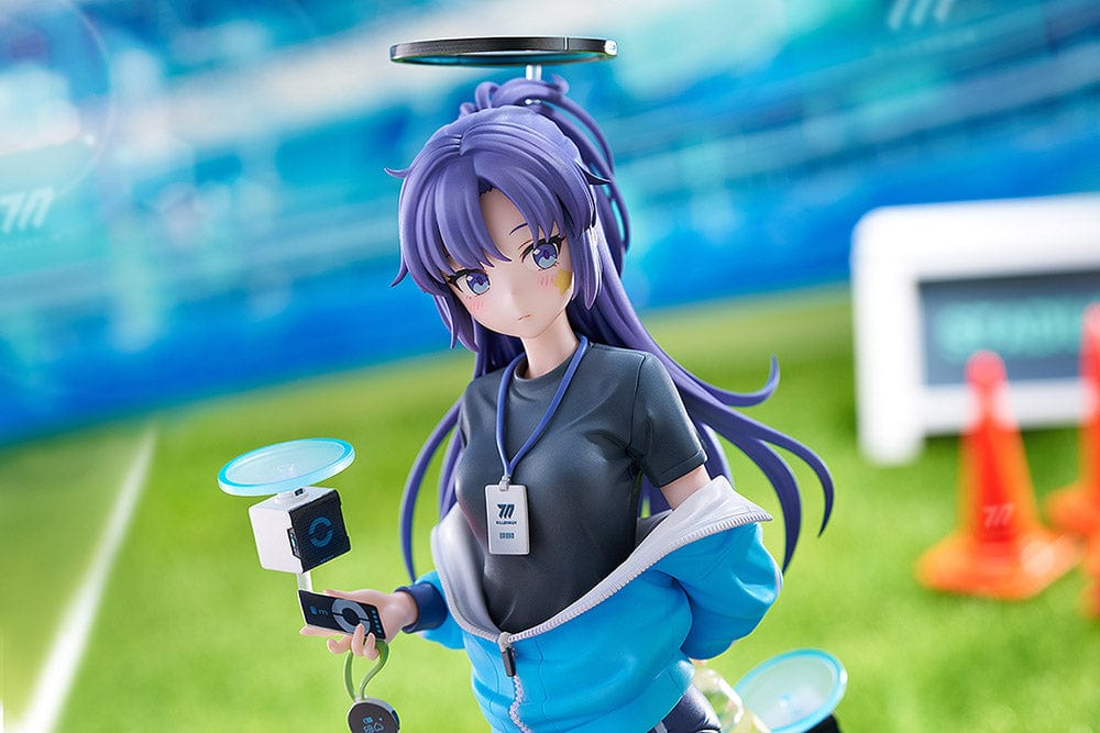 Blue Archive Yuuka Hayase (Track Ver.) 1/7 Scale Figure in navy-blue track outfit with accessories, standing on a grass base with robotic companion.