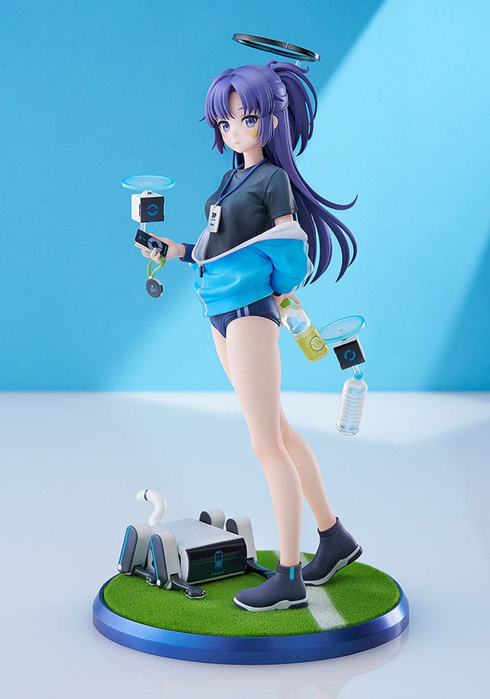 Blue Archive Yuuka Hayase (Track Ver.) 1/7 Scale Figure in navy-blue track outfit with accessories, standing on a grass base with robotic companion.