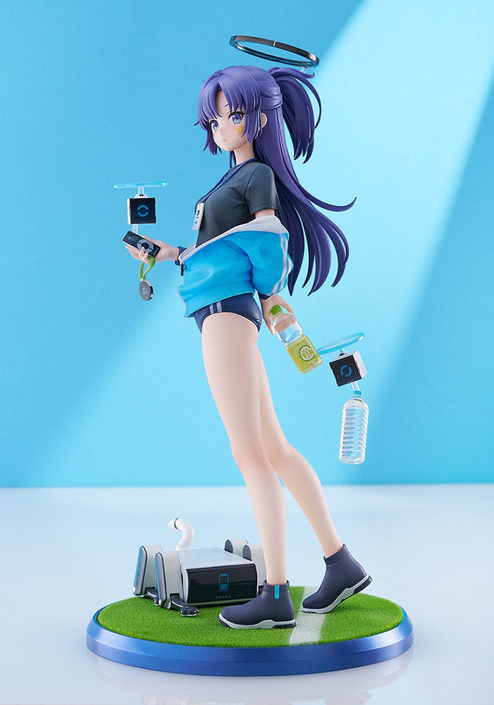 Blue Archive Yuuka Hayase (Track Ver.) 1/7 Scale Figure in navy-blue track outfit with accessories, standing on a grass base with robotic companion.