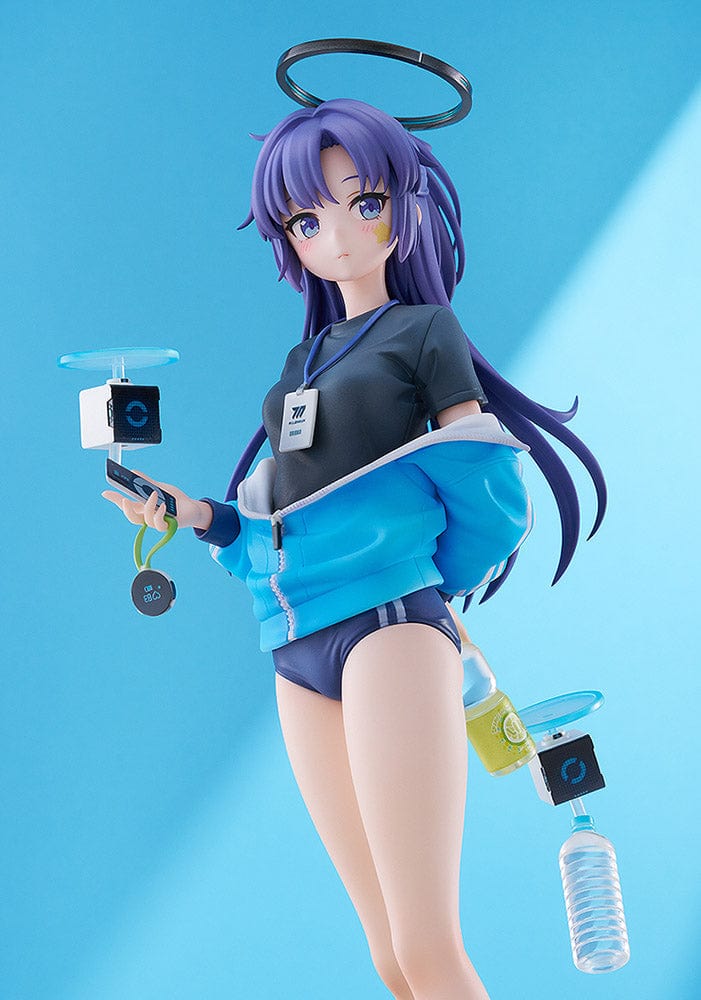 Blue Archive Yuuka Hayase (Track Ver.) 1/7 Scale Figure in navy-blue track outfit with accessories, standing on a grass base with robotic companion.