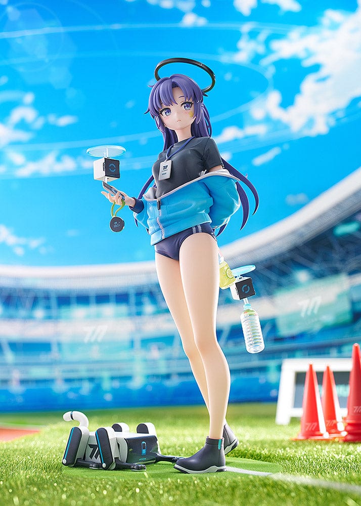 Blue Archive Yuuka Hayase (Track Ver.) 1/7 Scale Figure in navy-blue track outfit with accessories, standing on a grass base with robotic companion.