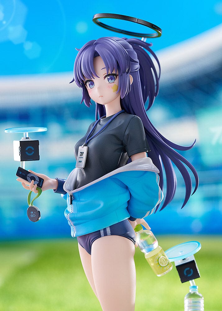 Blue Archive Yuuka Hayase (Track Ver.) 1/7 Scale Figure in navy-blue track outfit with accessories, standing on a grass base with robotic companion.