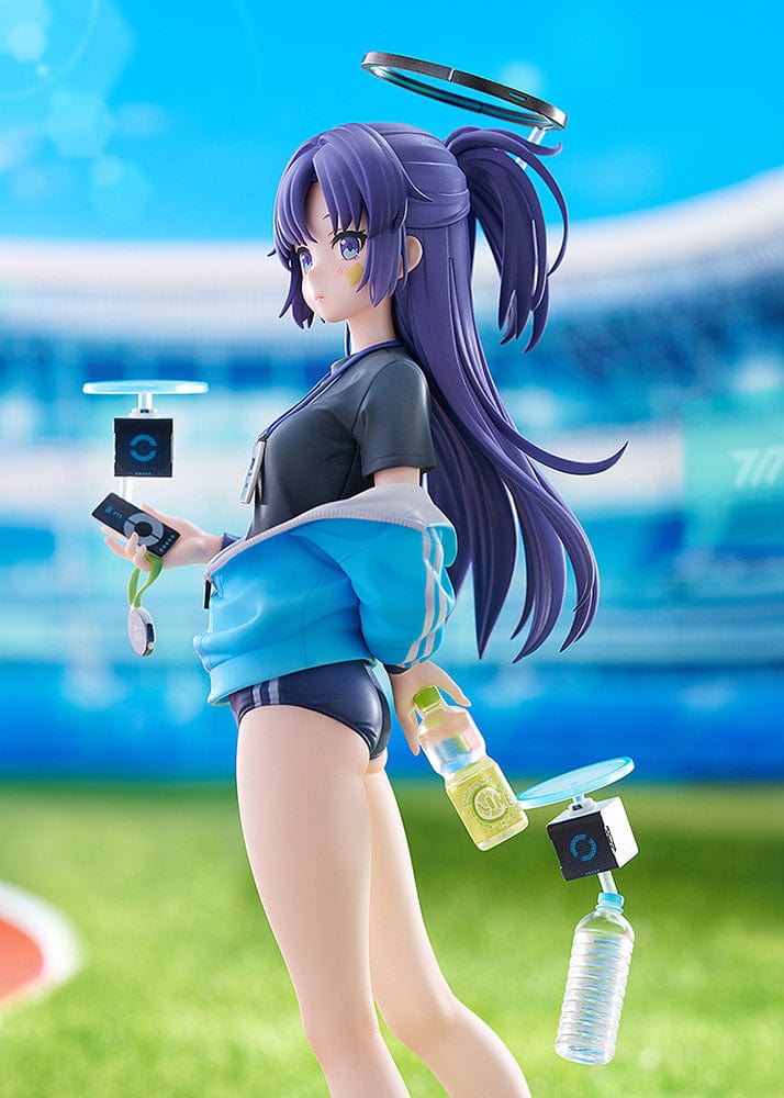 Blue Archive Yuuka Hayase (Track Ver.) 1/7 Scale Figure in navy-blue track outfit with accessories, standing on a grass base with robotic companion.