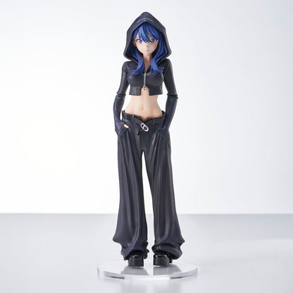 Gridman Universe ZOZO Black Collection Rikka Takarada Figure, featuring Rikka in a sleek black outfit with a cropped hoodie, wide-leg pants, and platform shoes.