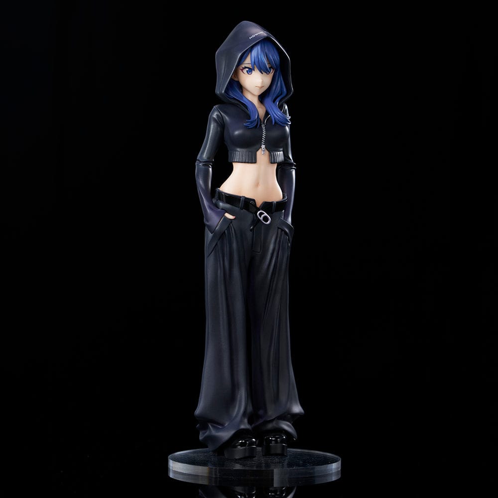Gridman Universe ZOZO Black Collection Rikka Takarada Figure, featuring Rikka in a sleek black outfit with a cropped hoodie, wide-leg pants, and platform shoes.
