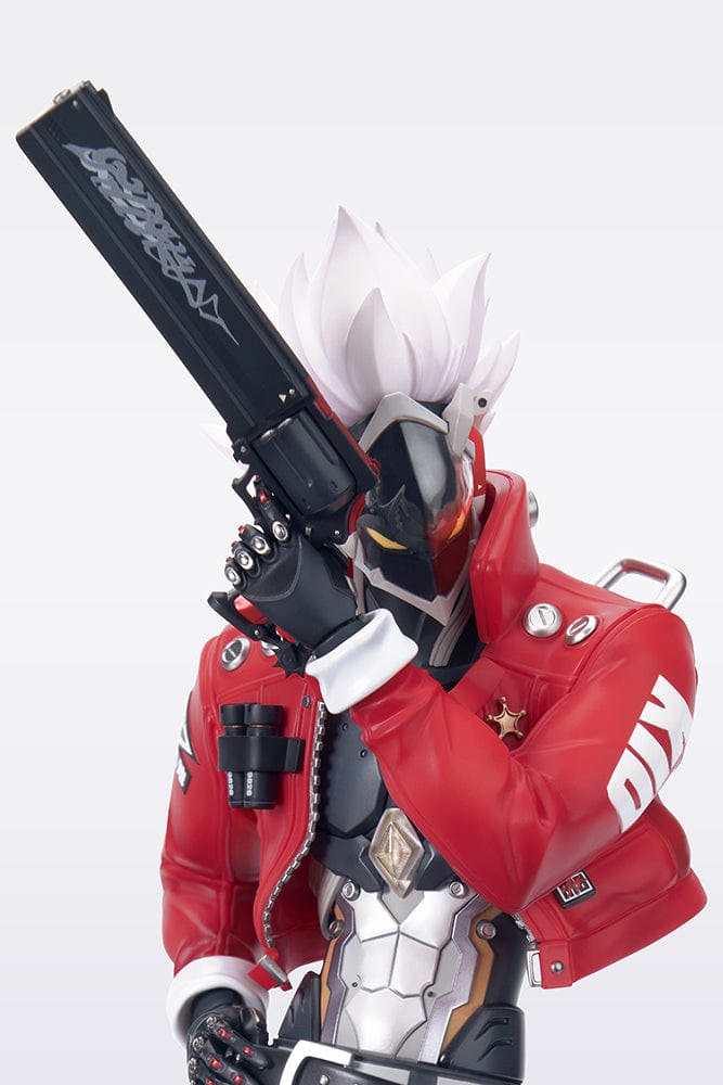 Zenless Zone Zero Billy Kid 1/7 Scale Figure in red jacket, futuristic mask, and white hair, holding weapon on custom base.