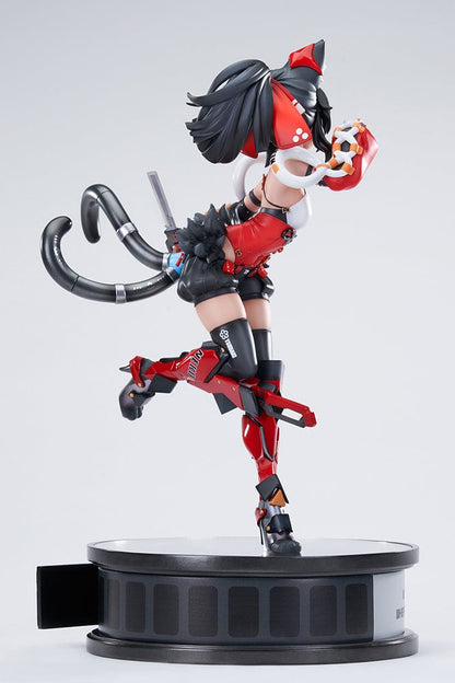 Zenless Zone Zero Nekomiya Mana 1/7 Complete Figure in red and black cyberpunk combat outfit, posed dynamically with mechanical limbs, feline ears, and a futuristic base.