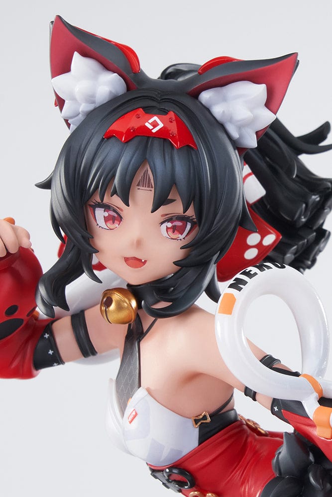 Zenless Zone Zero Nekomiya Mana 1/7 Complete Figure in red and black cyberpunk combat outfit, posed dynamically with mechanical limbs, feline ears, and a futuristic base.