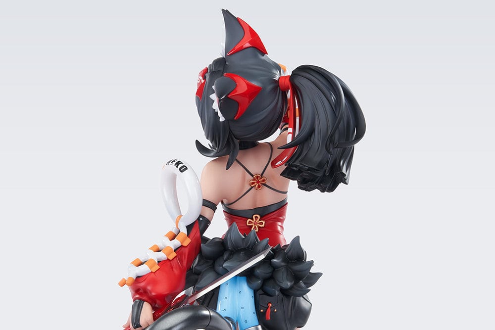 Zenless Zone Zero Nekomiya Mana 1/7 Complete Figure in red and black cyberpunk combat outfit, posed dynamically with mechanical limbs, feline ears, and a futuristic base.