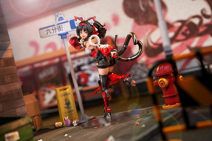 Zenless Zone Zero Nekomiya Mana 1/7 Complete Figure in red and black cyberpunk combat outfit, posed dynamically with mechanical limbs, feline ears, and a futuristic base.