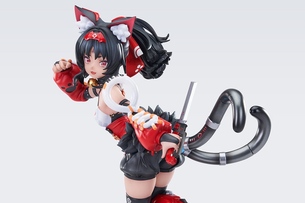 Zenless Zone Zero Nekomiya Mana 1/7 Complete Figure in red and black cyberpunk combat outfit, posed dynamically with mechanical limbs, feline ears, and a futuristic base.