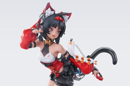 Zenless Zone Zero Nekomiya Mana 1/7 Complete Figure in red and black cyberpunk combat outfit, posed dynamically with mechanical limbs, feline ears, and a futuristic base.