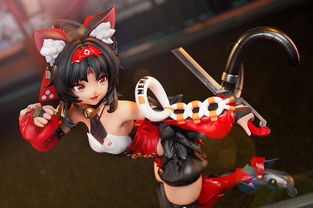 Zenless Zone Zero Nekomiya Mana 1/7 Complete Figure in red and black cyberpunk combat outfit, posed dynamically with mechanical limbs, feline ears, and a futuristic base.