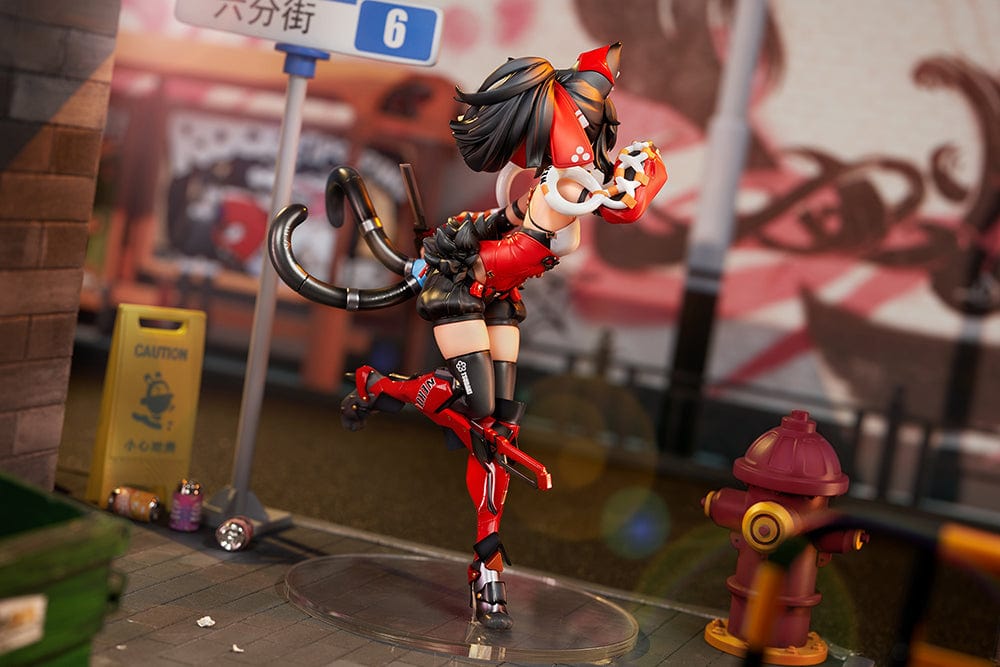 Zenless Zone Zero Nekomiya Mana 1/7 Complete Figure in red and black cyberpunk combat outfit, posed dynamically with mechanical limbs, feline ears, and a futuristic base.