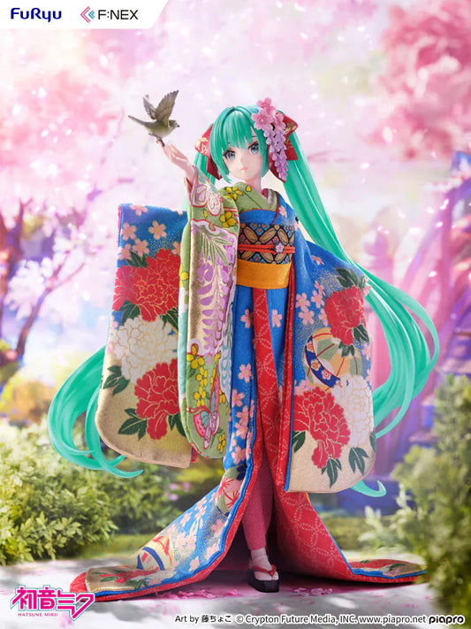 Hatsune Miku 1/4 scale figure wearing a detailed traditional Japanese kimono with a bird on her hand.
