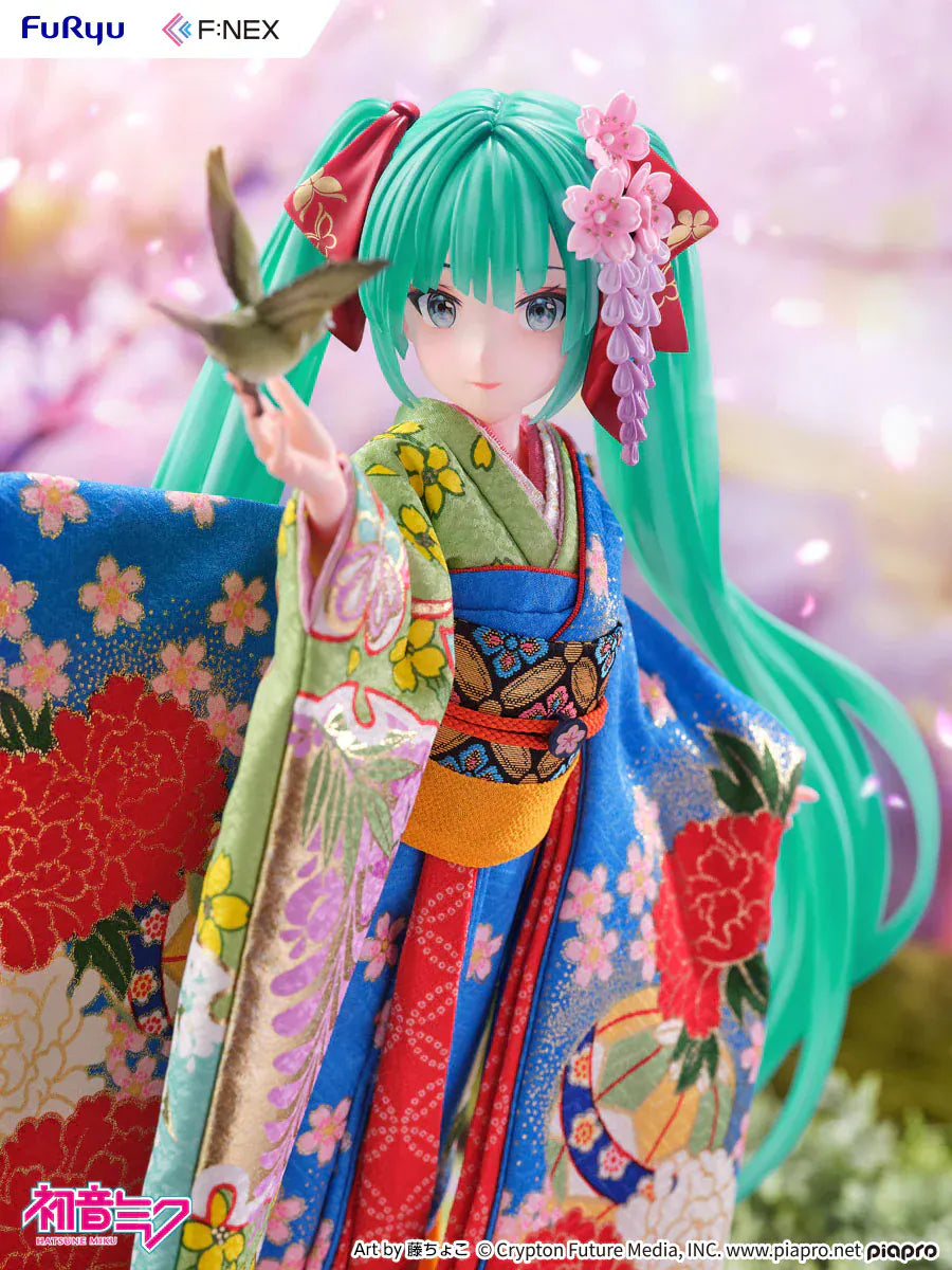 Hatsune Miku 1/4 scale figure wearing a detailed traditional Japanese kimono with a bird on her hand.