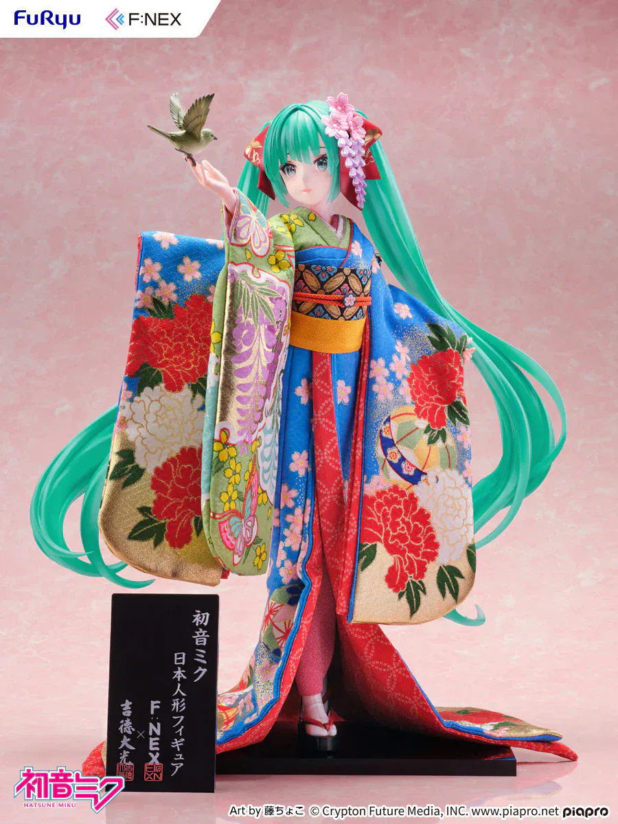 Hatsune Miku 1/4 scale figure wearing a detailed traditional Japanese kimono with a bird on her hand.