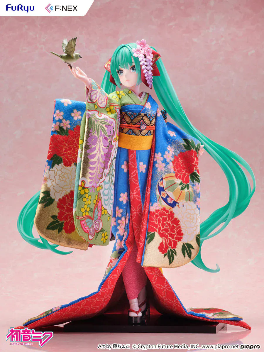 Hatsune Miku 1/4 scale figure wearing a detailed traditional Japanese kimono with a bird on her hand.