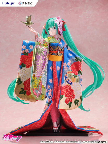 Hatsune Miku 1/4 scale figure wearing a detailed traditional Japanese kimono with a bird on her hand.